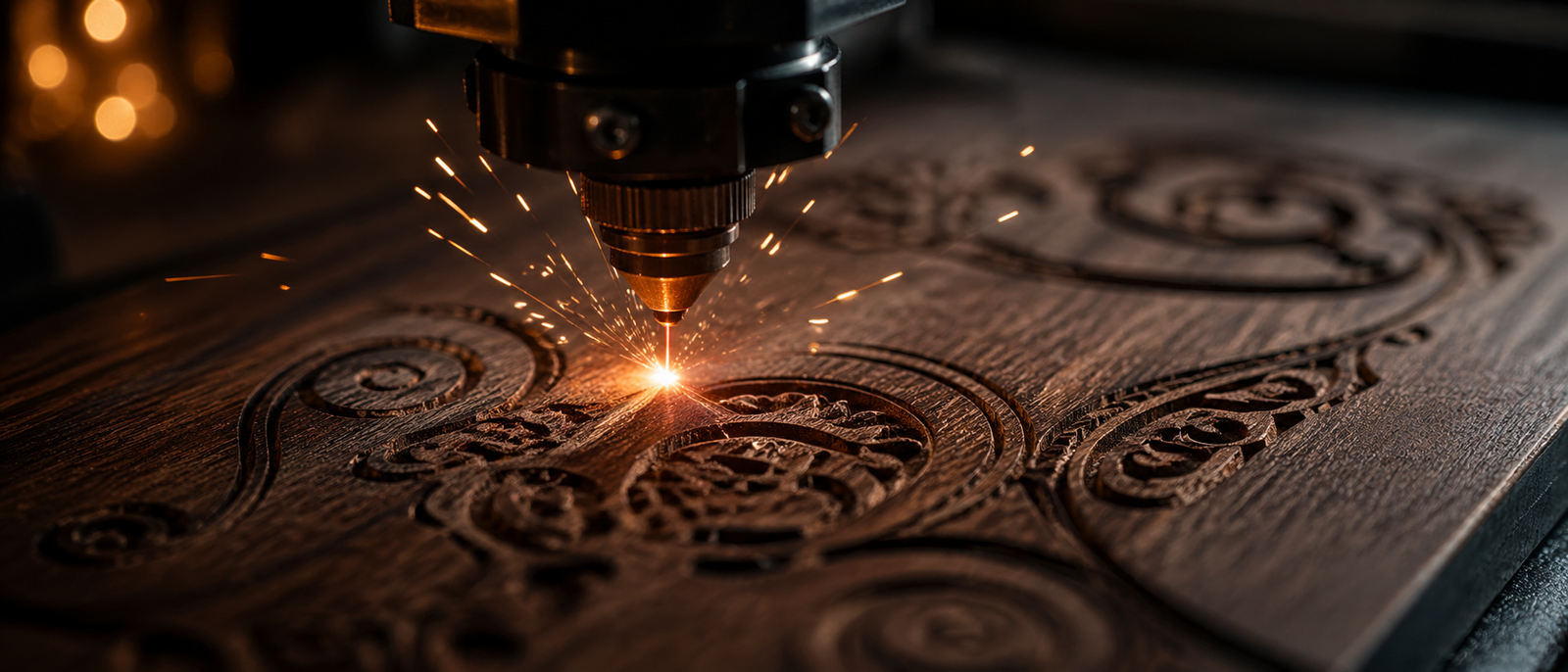 Cinematic close-up of laser engraving wood with sparks