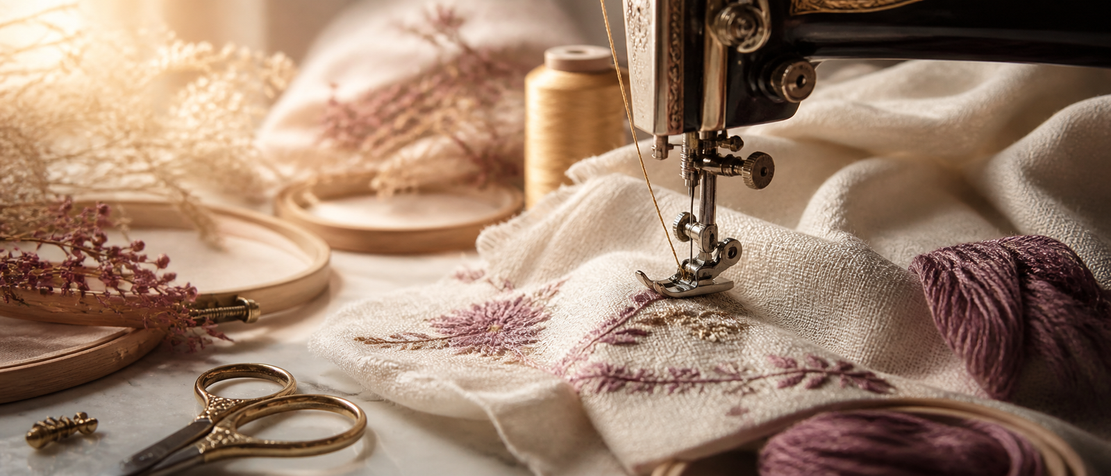 Sewing machine with delicate fabric and golden thread