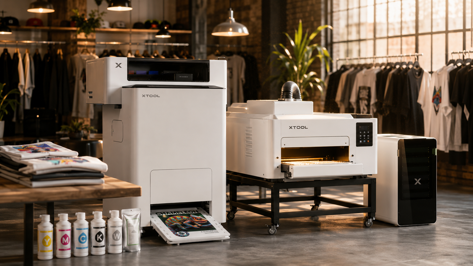 xTool Apparel Printer DTF system in a print studio