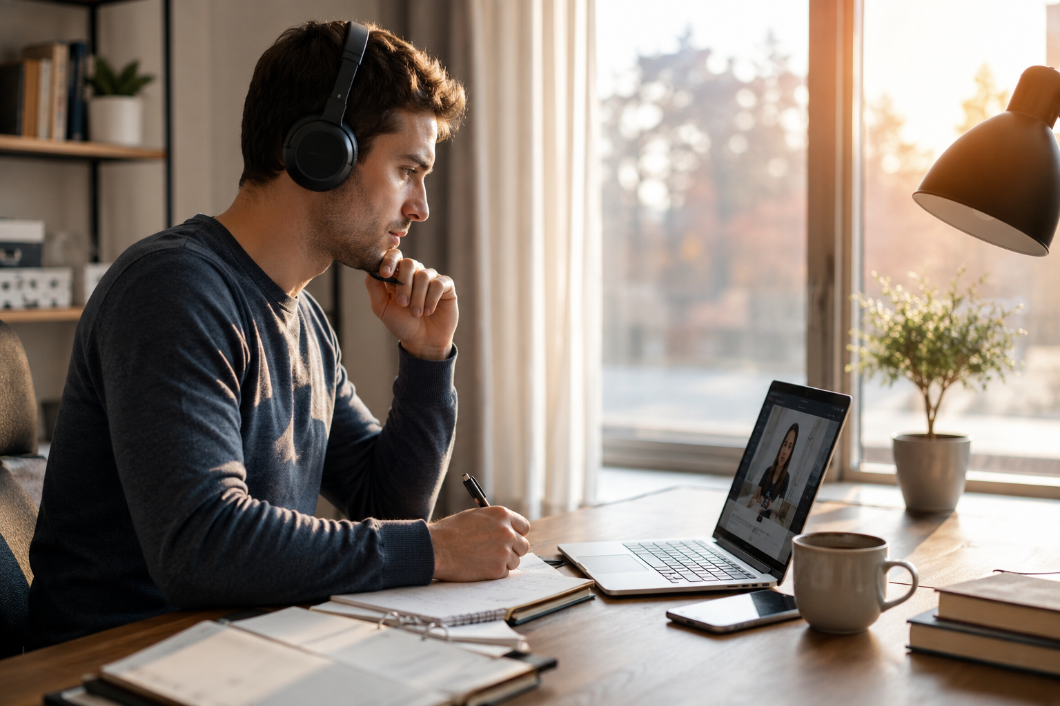 Busy adult studying a language early in the morning before work