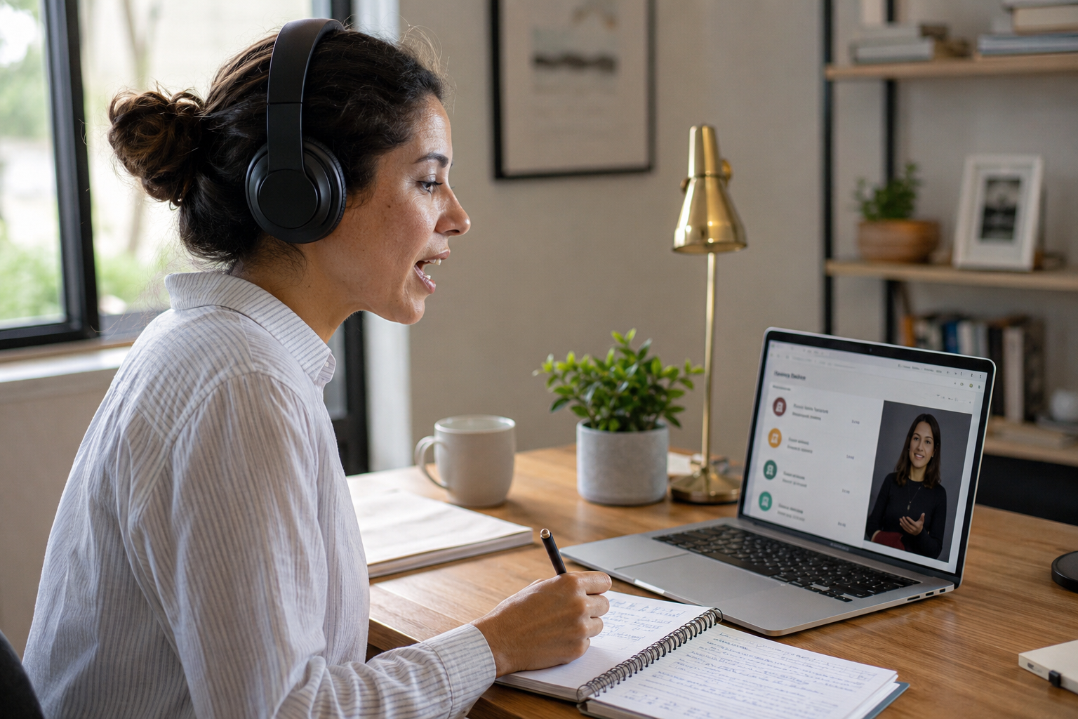 Adult practicing a new language with headphones in a calm home office