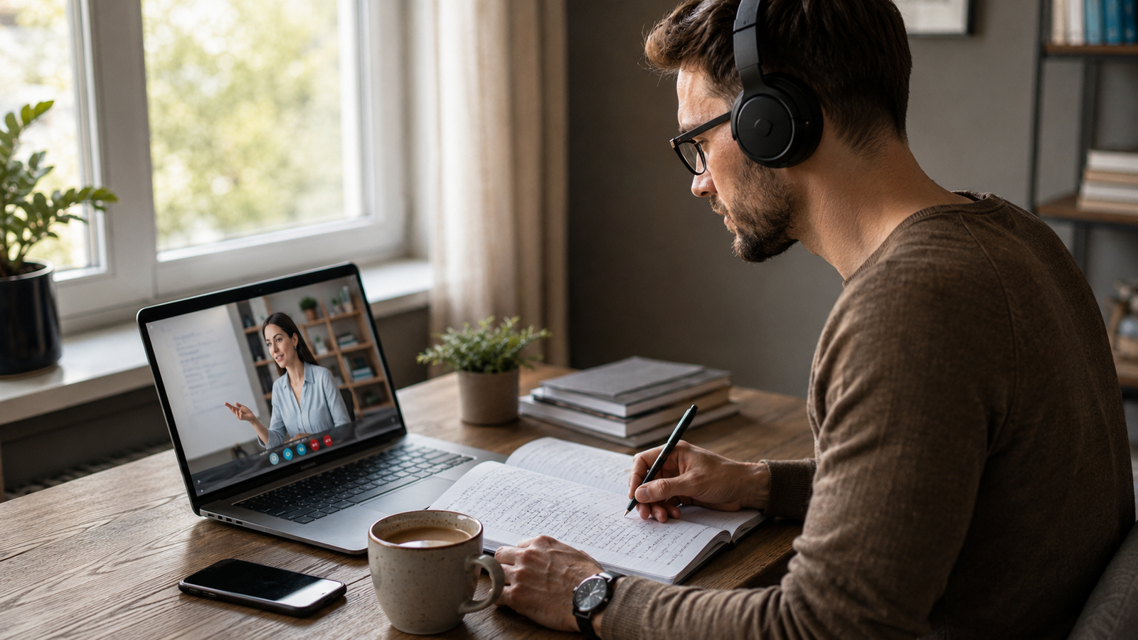 Busy adult learning a new language online at a modern home desk