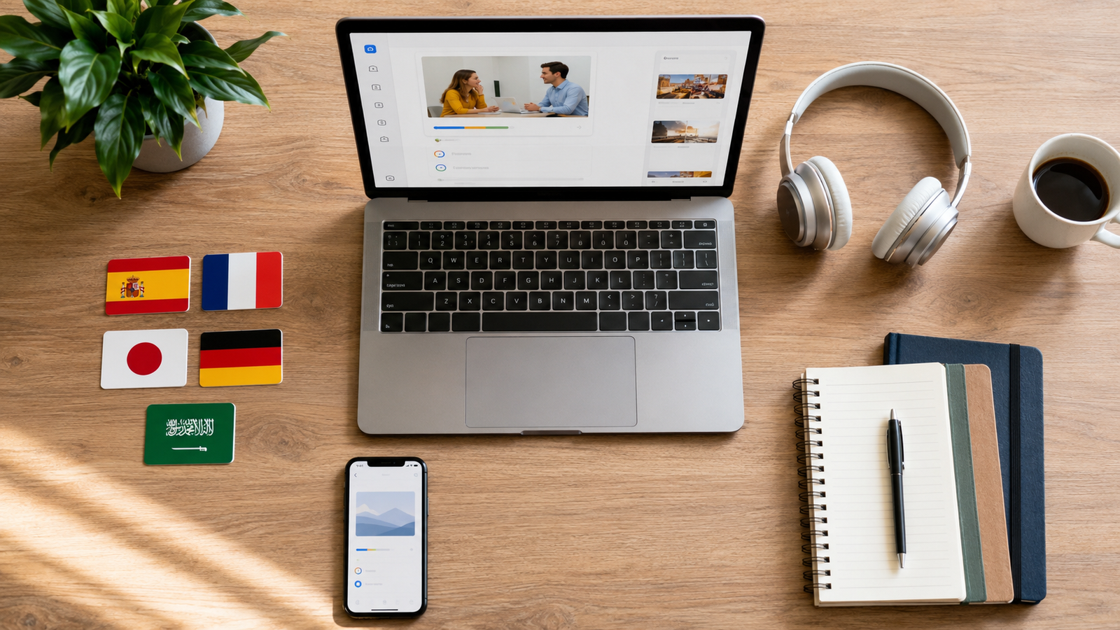 Flat lay representing online language learning with multiple language cards