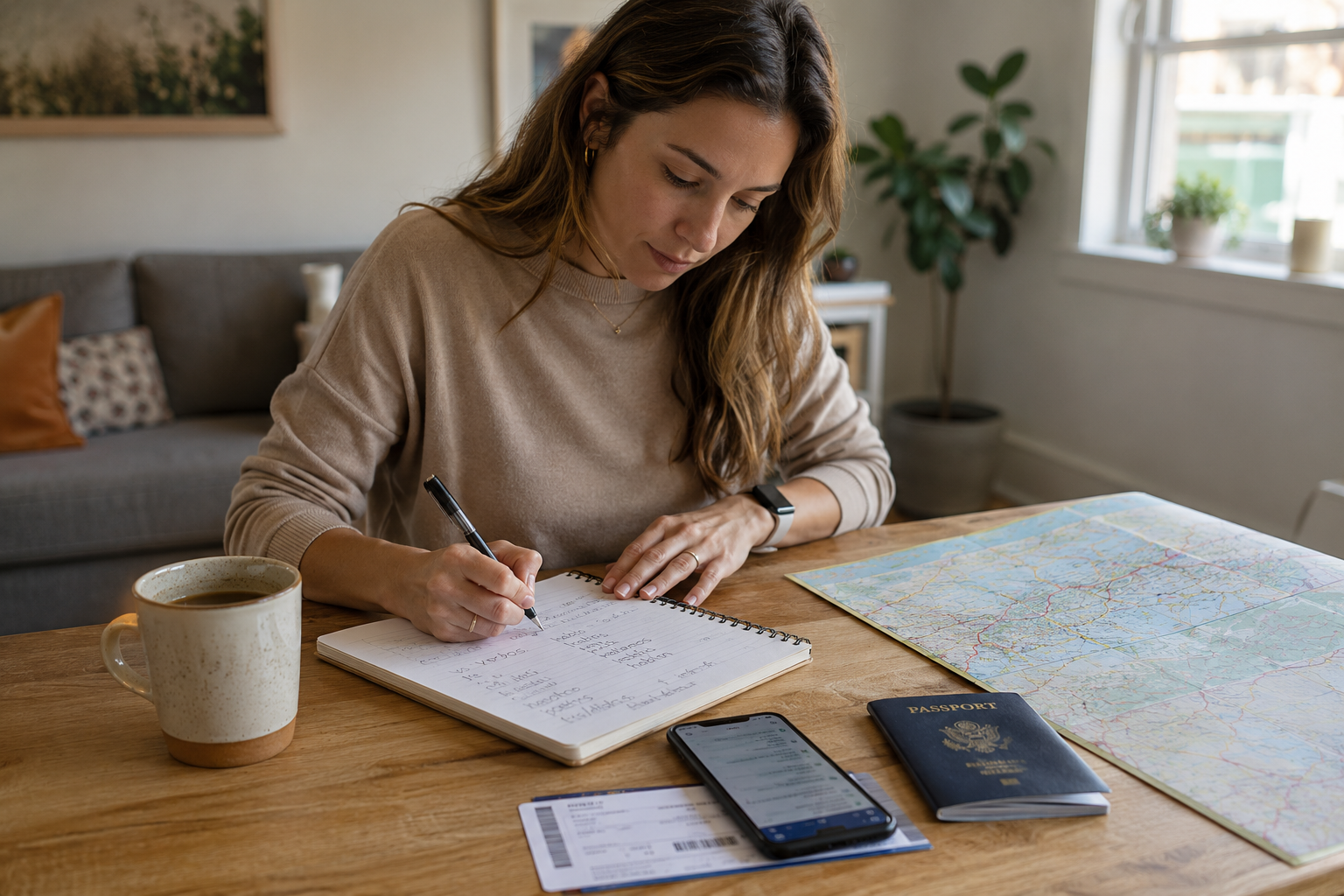 Adult learning Spanish before travel with passport coffee notebook and phone